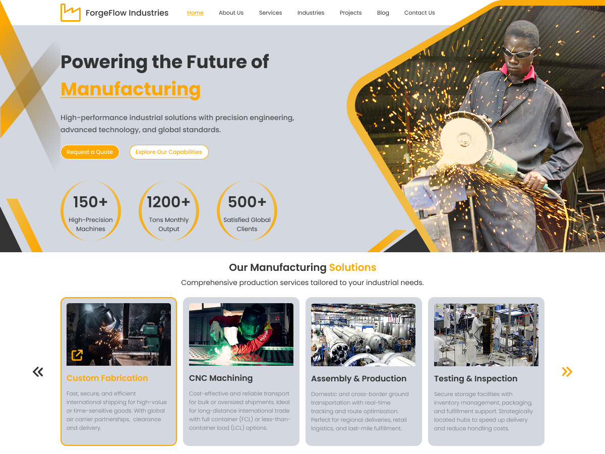 ForgeFlow Industries manufacturing hero banner with worker grinding metal and sparks