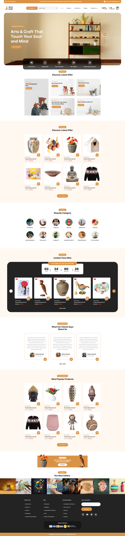 Art and craft WordPress theme homepage template with hero banner and product grid layout