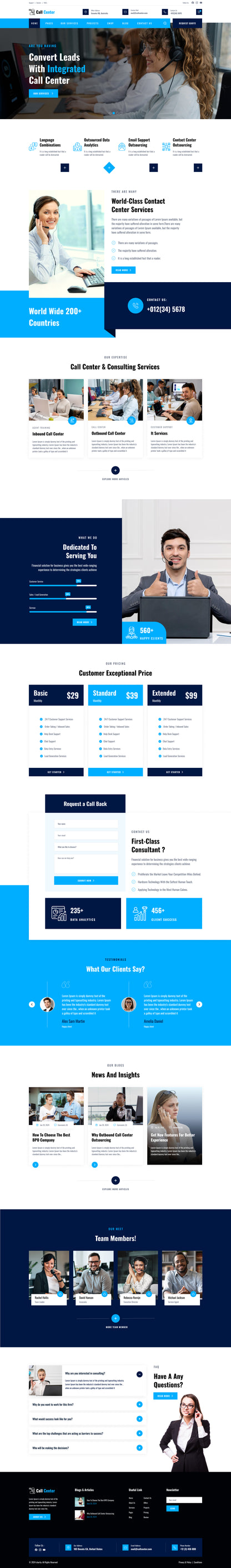 Call center WordPress theme homepage layout with customer support agents and service sections