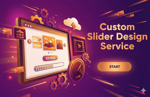 Custom slider design service banner with website carousel mockup and Start button