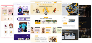 Three website homepage templates for a pet shop, construction company, and tech services