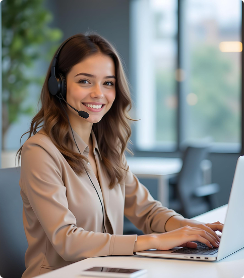 Smiling customer support agent wearing headset while working on laptop in office