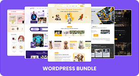 Website layout previews for a WordPress bundle on purple background