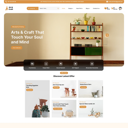 Art and craft WordPress theme homepage layout with hero banner and product offer grid