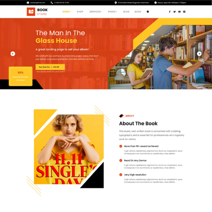 Bookstore WordPress theme homepage preview with book promo banner and About the Book section