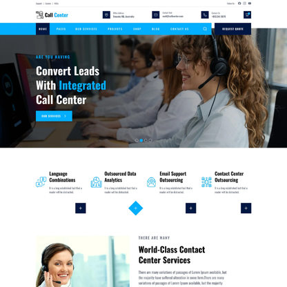 Call center agents wearing headsets working at computers in an office banner