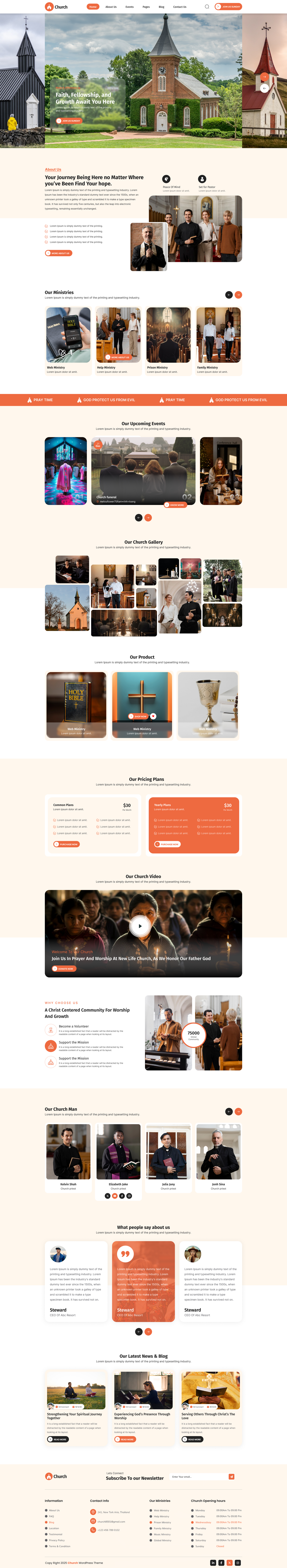 Church WordPress theme demo homepage layout with church hero banner and service sections