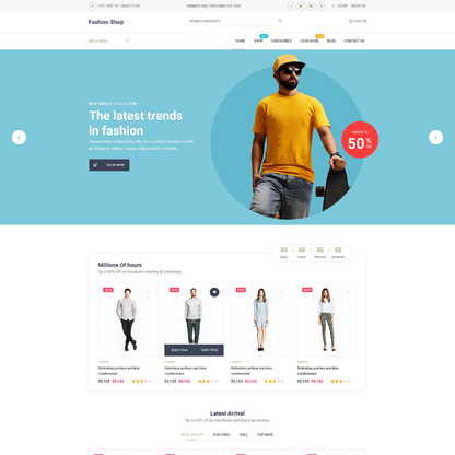 Fashion shop homepage banner with man in yellow shirt and 50% off sale badge