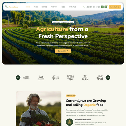 Agriculture WordPress theme homepage with farm field hero banner and navigation menu