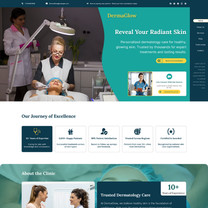 DermaGlow dermatologist WordPress theme homepage with skincare treatment hero section