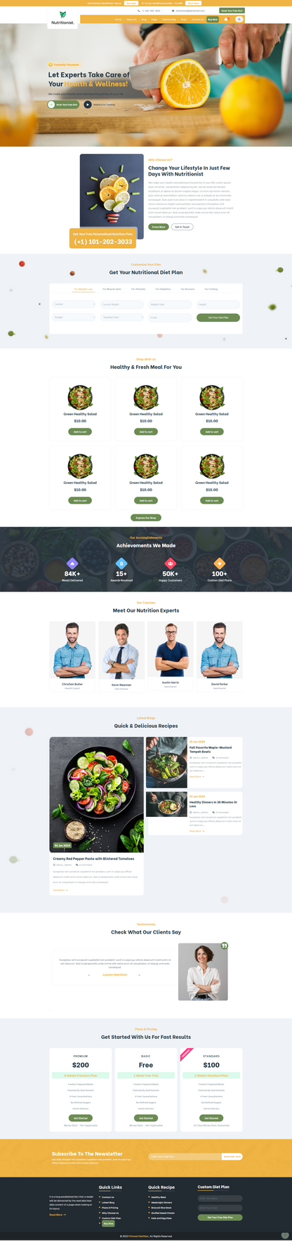 Nutritionist website template homepage with orange slicing hero banner and diet plan sections
