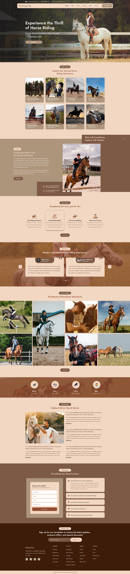 Equestrian sports WordPress theme homepage layout with horse riding hero banner and sections