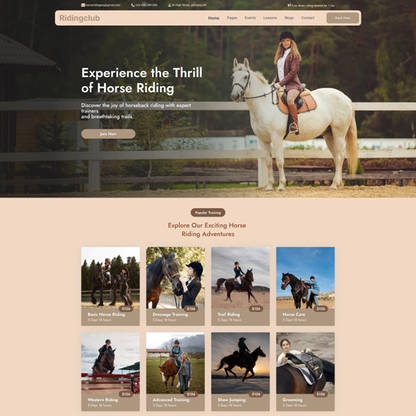 Horse riding club website homepage with rider on white horse and training course tiles