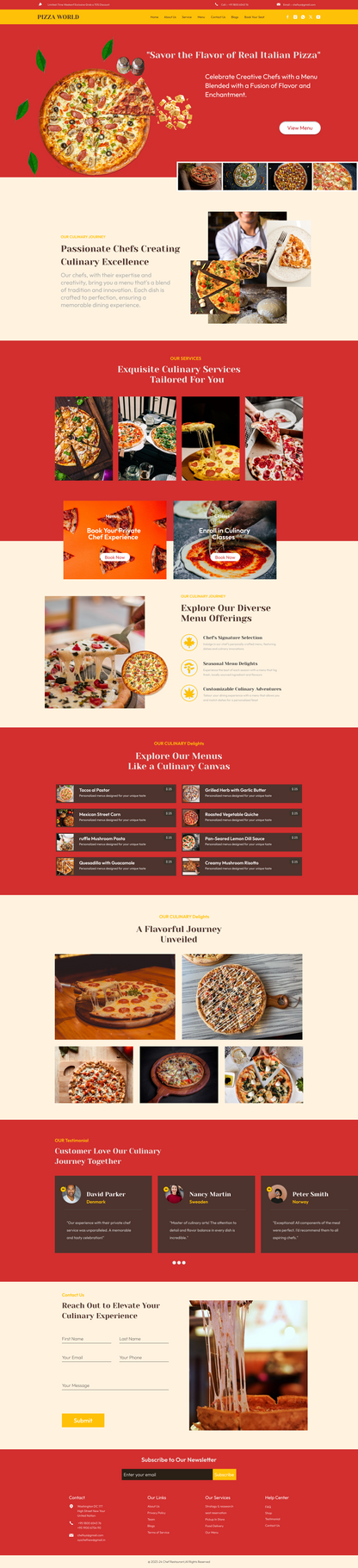 Pizza World pizza restaurant WordPress theme homepage template design with red layout