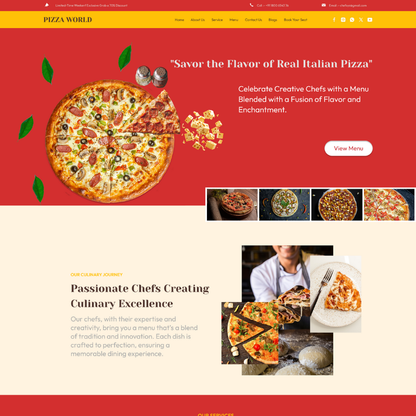 Pizza WordPress theme homepage template with Italian pizza hero banner and View Menu button