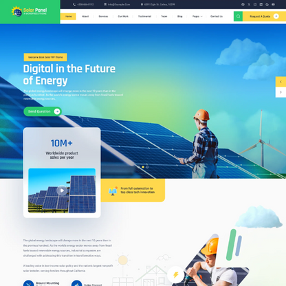 Solar energy WordPress theme homepage design with solar panels, technician, and wind turbine