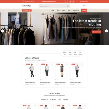 T-shirt clothing WordPress theme homepage layout with fashion shop banner and product grid