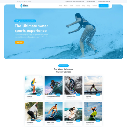 Water sports rental WordPress theme homepage preview with surfer and course cards