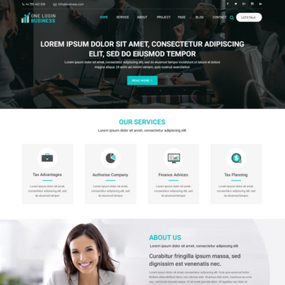 WordPress business theme homepage template with services icons and about us section