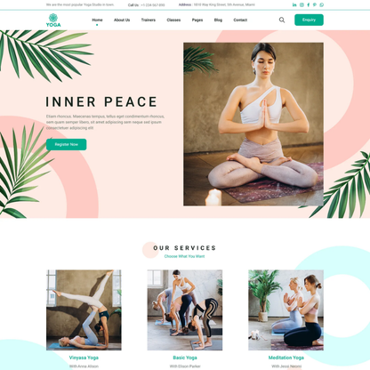 Yoga WordPress theme homepage design with woman meditating and Inner Peace headline